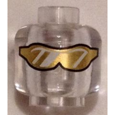 trans-clear minifigure head glasses with gold sunglasses with reflective lines pattern