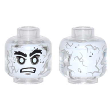 trans-clear minifigure head alien with potc white face with gray cracks and spots bushy black eyebrows white eyes bared teeth pattern