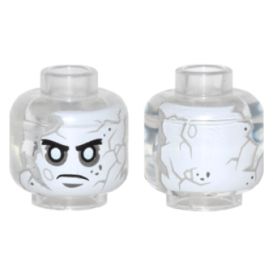 trans-clear minifigure head alien with potc white face with gray cracks and spots thin black eyebrows white eyes thin frown pattern