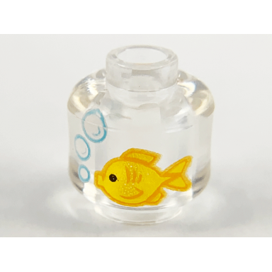 trans-clear minifigure head without face with yellow fish and white bubbles pattern