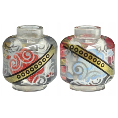 trans-clear minifigure head without face with gold bands silver swirls red and white smoke on opposite sides pattern hp remembrall