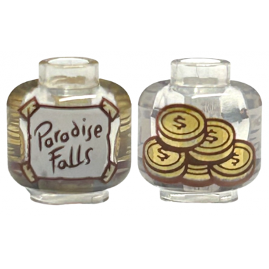 trans-clear minifigure head without face with white label with reddish brown paradise falls and tan tape gold coins on back pattern