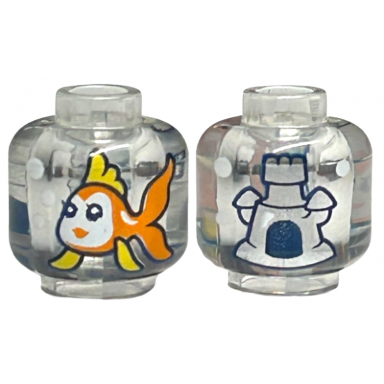 trans-clear minifigure head without face with orange fish with yellow fins and white face castle with dark blue opening on back pattern
