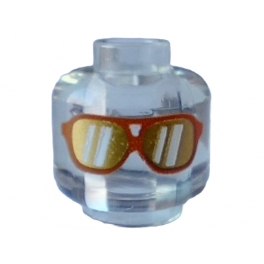 trans-clear minifigure head medium nougat glasses with gold lenses with white reflections pattern