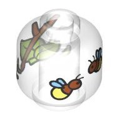 trans-clear minifigure head without face with bright light yellow medium nougat and lavender fireflies twigs and olive green leaves pattern