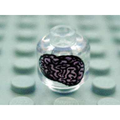 trans-clear minifigure head without face with purple brain pattern