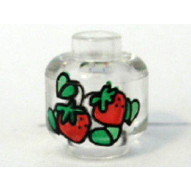 trans-clear minifigure head without face with red strawberries with green leaves pattern