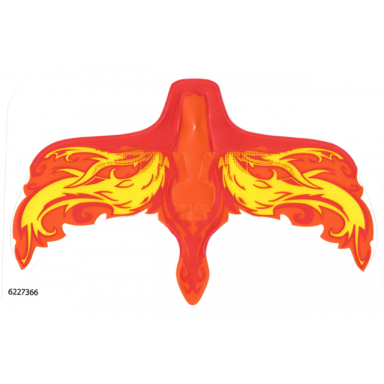 trans-clear plastic wings with yellow and orange flames on red background pattern