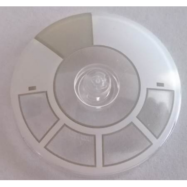 trans-clear dish 4 x 4 inverted radar with solid stud with white and light bluish gray radial millennium falcon cockpit pattern