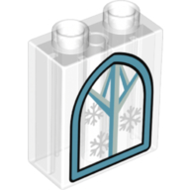 trans-clear duplo brick 1 x 2 x 2 with snowflakes on window pattern