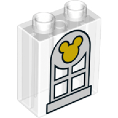 trans-clear duplo brick 1 x 2 x 2 with window and mickey mouse logo pattern