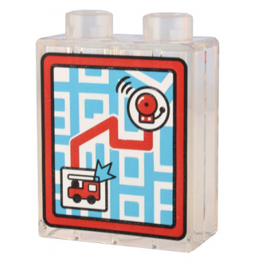 trans-clear duplo brick 1 x 2 x 2 with map of town with red fire truck alarm bell and route pattern