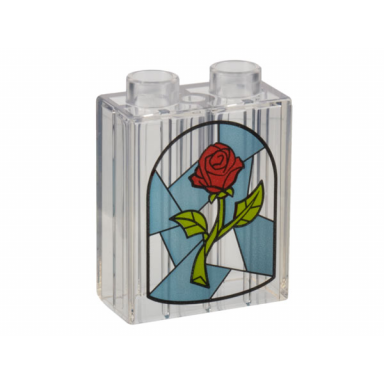 trans-clear duplo brick 1 x 2 x 2 with metallic light blue shapes and red and lime rose pattern