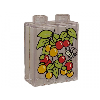 trans-clear duplo brick 1 x 2 x 2 with red and bright light orange berries lime leaves and bright light yellow and black bee pattern