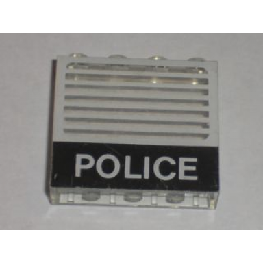 trans-clear panel 1 x 4 x 3 - solid studs with black police bar and white stripes pattern