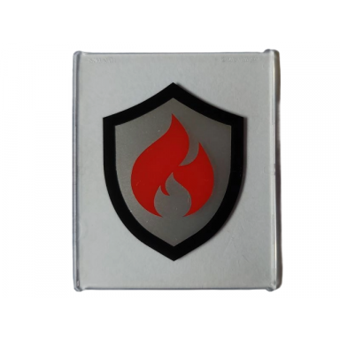 trans-clear glass for window 1 x 6 x 6 flat front with black and silver fire logo badge with red flames pattern