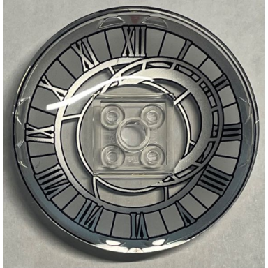 trans-clear dish 6 x 6 inverted radar - solid studs with asymmetrical clock face with roman numerals and red triangle pattern
