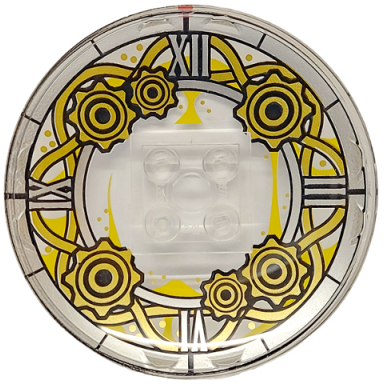 trans-clear dish 6 x 6 inverted radar - solid studs with clock face with silver roman numerals gold curved lines and gears pattern