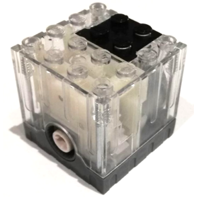 trans-clear electric motor 9v 4 x 4 x 3 1 3 with black conducting plate and dark bluish gray base