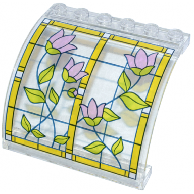 trans-clear panel 6 x 5 x 3 1 3 curved top with stained glass bright light orange frame bright pink flowers and lime leaves pattern model left side sticker - set 42671