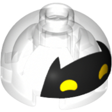 trans-clear brick round 2 x 2 dome top with black batgirl mask with pointed ears and yellow eyes pattern