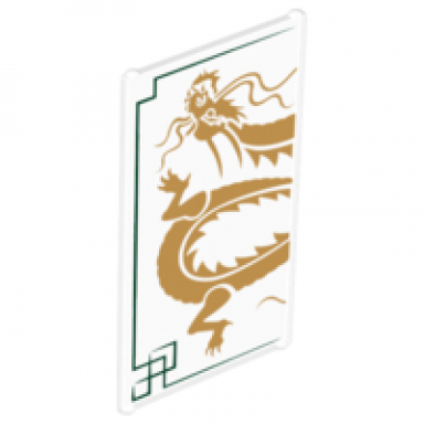 trans-clear glass for window 1 x 4 x 6 with dark green lines and gold dragon head and midsection on white background pattern