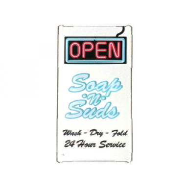 trans-clear glass for window 1 x 4 x 6 with open soap n suds and wash - dry - fold 24 hour service sign pattern