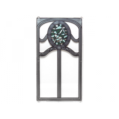 trans-clear glass for window 1 x 4 x 6 with ornate silver frame and dark green and sand green oval stained glass pattern