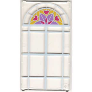 trans-clear glass for window 1 x 4 x 6 with white lattice magenta hearts and medium lavender and magenta stylized flower pattern