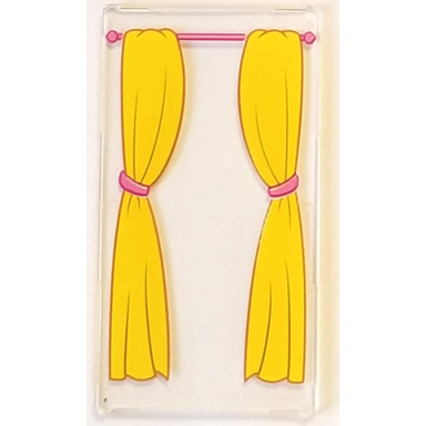 trans-clear glass for window 1 x 4 x 6 with pink curtain rod and yellow curtains with pink ties pattern