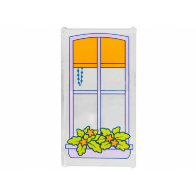 trans-clear glass for window 1 x 4 x 6 with lavender frame and planter orange shade and lime plants with flowers pattern