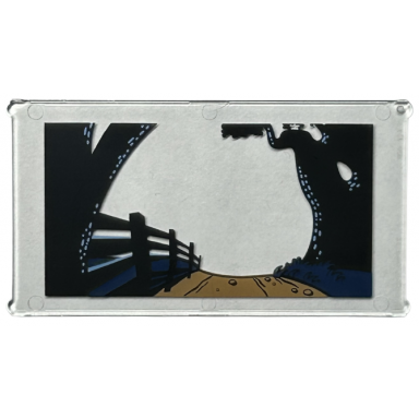 trans-clear glass for window 1 x 4 x 6 with medium nougat dirt road black fence and trees trunks with bright light blue spots dark blue bushes pattern