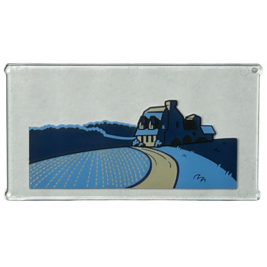 trans-clear glass for window 1 x 4 x 6 with bright light blue and dark blue fields tan road and house black roof and bushes pattern