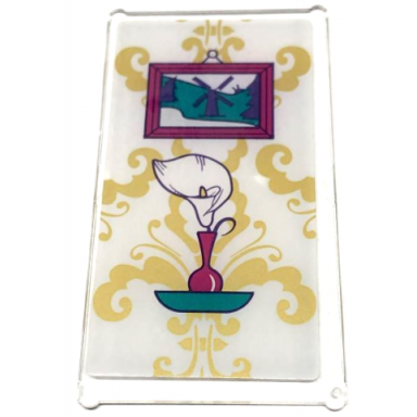trans-clear glass for window 1 x 4 x 6 with white calla lily in magenta vase on dark turquoise shelf framed picture of windmill and gold floral wallpaper on white background pattern sticker - set 41684