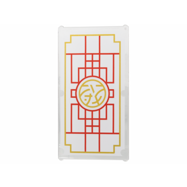 trans-clear glass for window 1 x 4 x 6 with red lines gold border and ninjago core logo on white background pattern