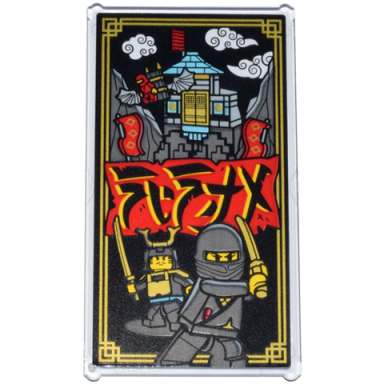 trans-clear glass for window 1 x 4 x 6 with red sign with ninjago logogram ninja minifigures ninjas fire fortress and gold frame pattern sticker - set 71837