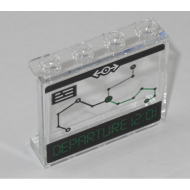 trans-clear panel 1 x 4 x 3 with side supports - hollow studs - with train map and departure 12:01 on transparent background pattern sticker - set 60197