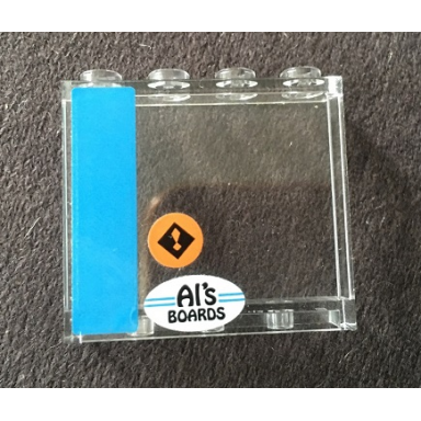 trans-clear panel 1 x 4 x 3 with side supports - hollow studs with dark azure stripe orange exclamation mark and als boards pattern model left side stickers - set 10252