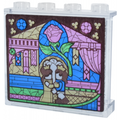 trans-clear panel 1 x 4 x 3 with side supports - hollow studs with stained glass beauty and the beast dancing rose banners and windows pattern sticker - set 43263