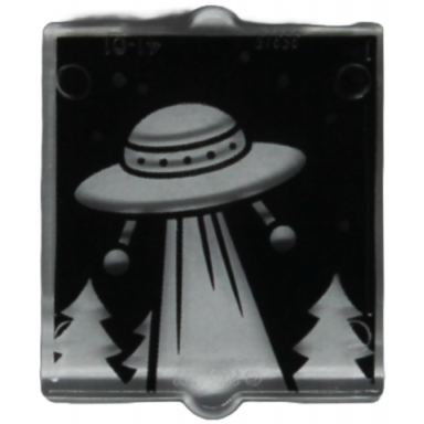 trans-clear glass for window 1 x 2 x 2 flat front with retro ufo with beam and trees on black background pattern