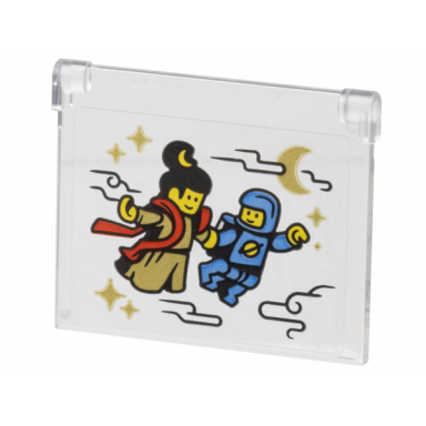 trans-clear glass for window 1 x 4 x 3 - opening with gold sparkles change moon goddess with red scarf and classic spaceman minifigures flying through clouds pattern sticker - set 80116