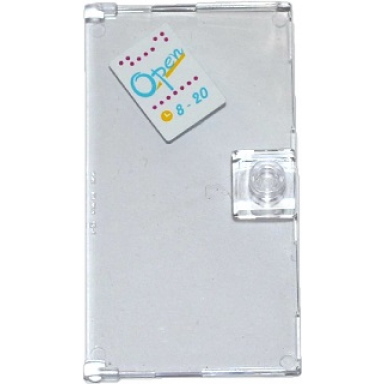 trans-clear door 1 x 4 x 6 with stud handle with open 8-20 sign with clock and magenta dots pattern sticker - set 41093