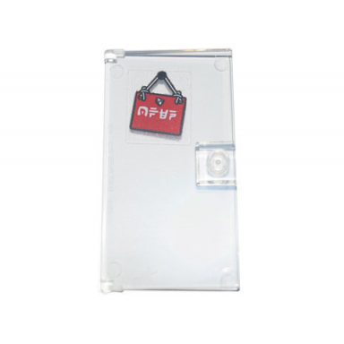 trans-clear door 1 x 4 x 6 with stud handle with red sign hanging on white string with ninjago logogram open pattern sticker - set 71741