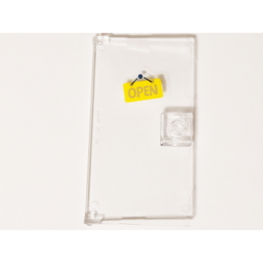 trans-clear door 1 x 4 x 6 with stud handle with bright light orange open sign pattern sticker - set 41344