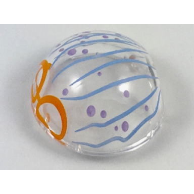 trans-clear cylinder hemisphere 2 x 2 with cutout with blue lines and purple dots jelly mask pattern