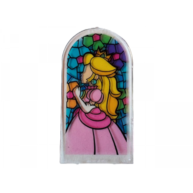 trans-clear glass for door frame 1 x 6 x 7 arched with notches and rounded pillars with stained glass and princess with bright pink and dark pink dress pattern