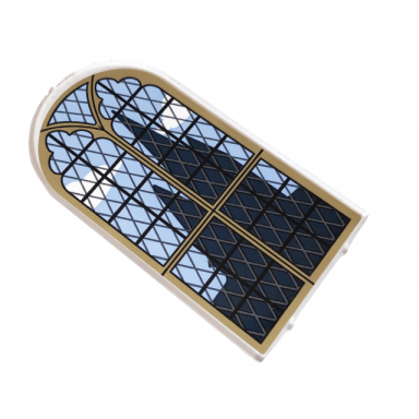 trans-clear glass for door frame 1 x 6 x 7 arched with notches and rounded pillars with lattice window with dark tan frame and dark blue castle silhouette pattern sticker - set 76409