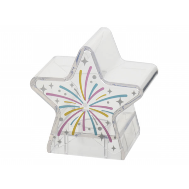 trans-clear duplo brick 2 x 2 x 2 1 2 star with firework explosion with gold metallic light blue and metallic pink lines silver sparkles and dots pattern
