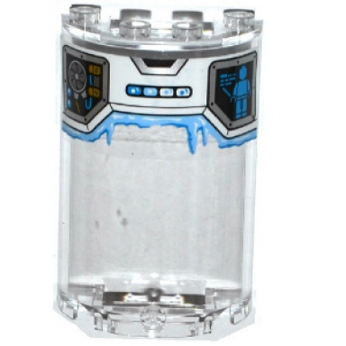 trans-clear cylinder half 2 x 4 x 5 with 1 x 2 cutout with fan minifigure on screen and frost pattern sticker - set 70588