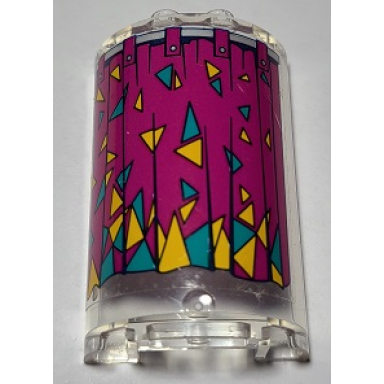 trans-clear cylinder half 2 x 4 x 5 with 1 x 2 cutout with magenta curtain with dark turquoise and bright light orange triangles pattern sticker - set 41344
